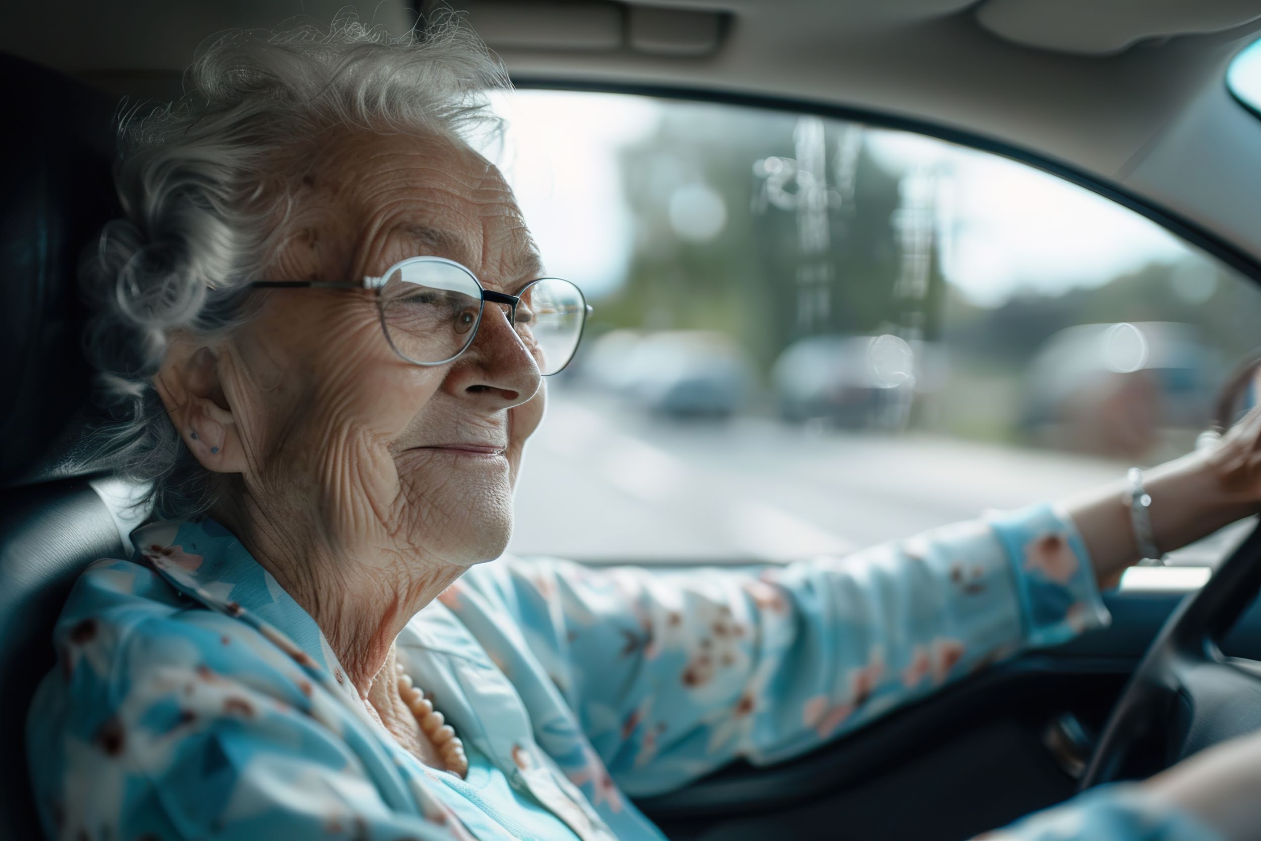 An older woman with glasses, slightly smiling and driving a car