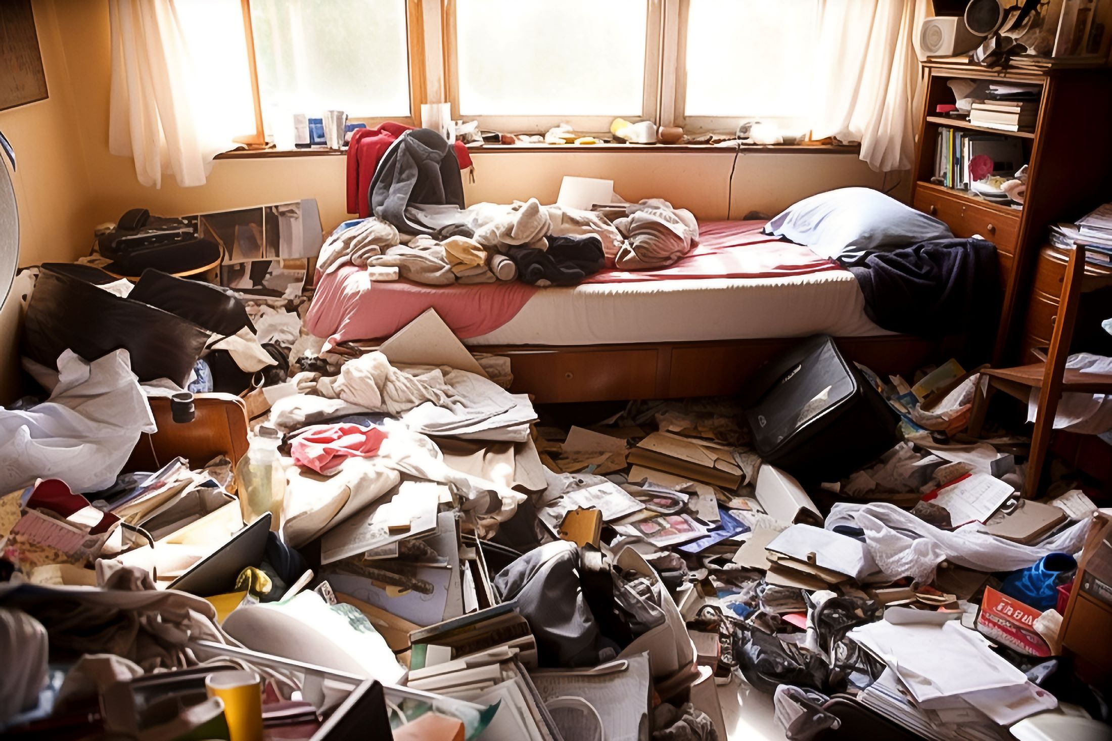 A cluttered room with piles and mess on the floor