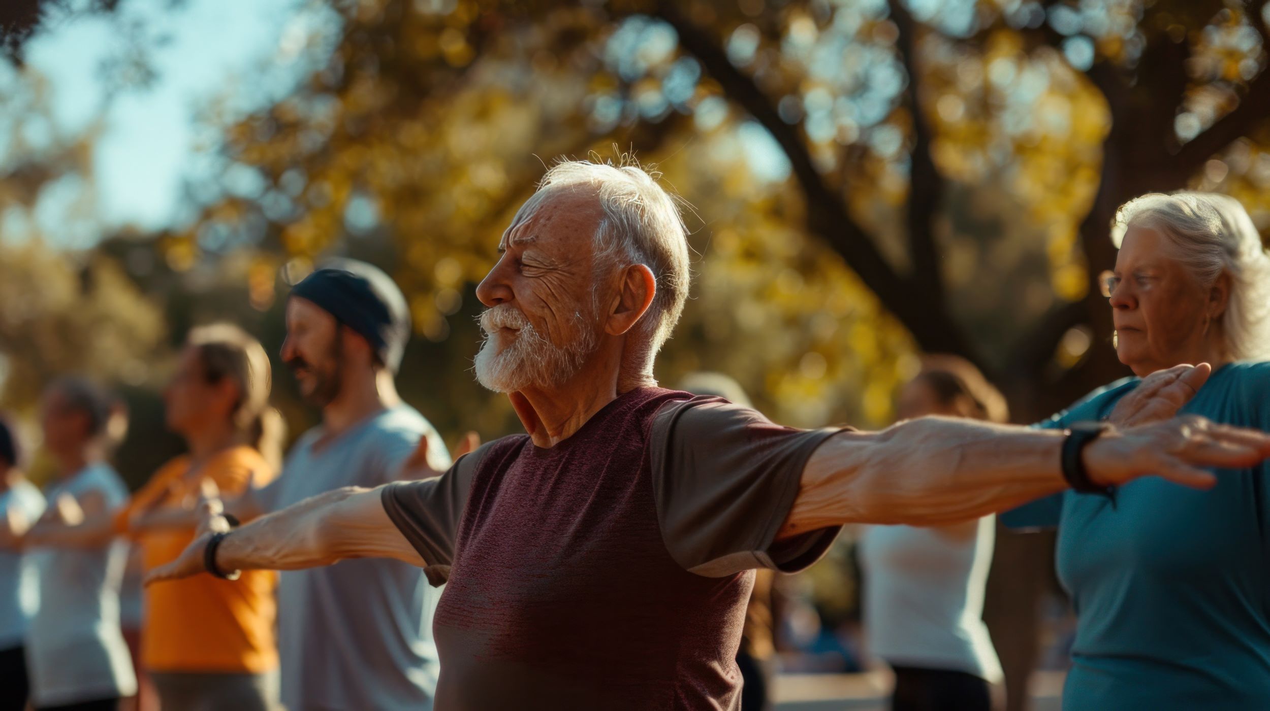A man standing and stretching in an outdoor environment