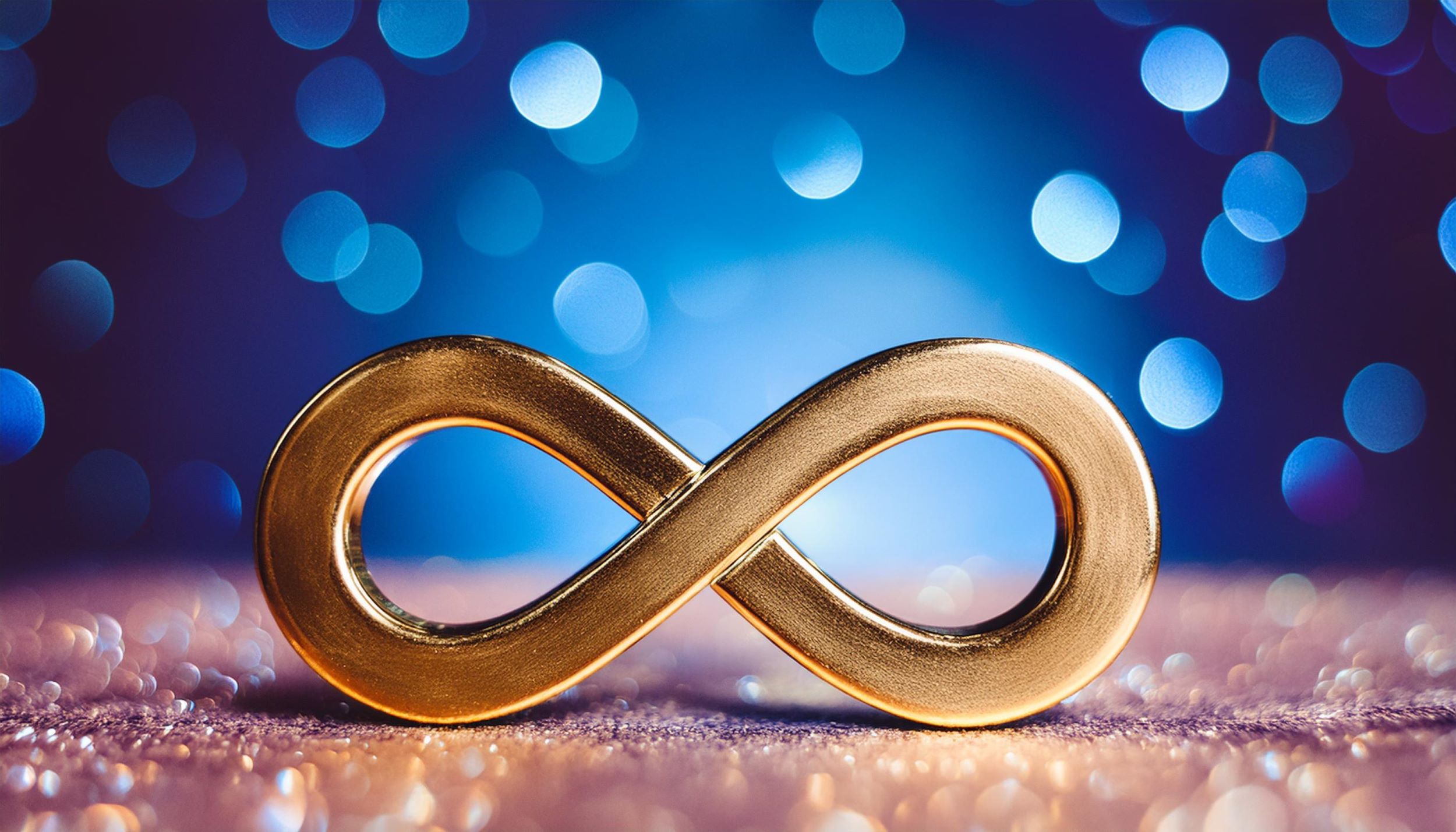 A golden infinity symbol on a blue and pink background