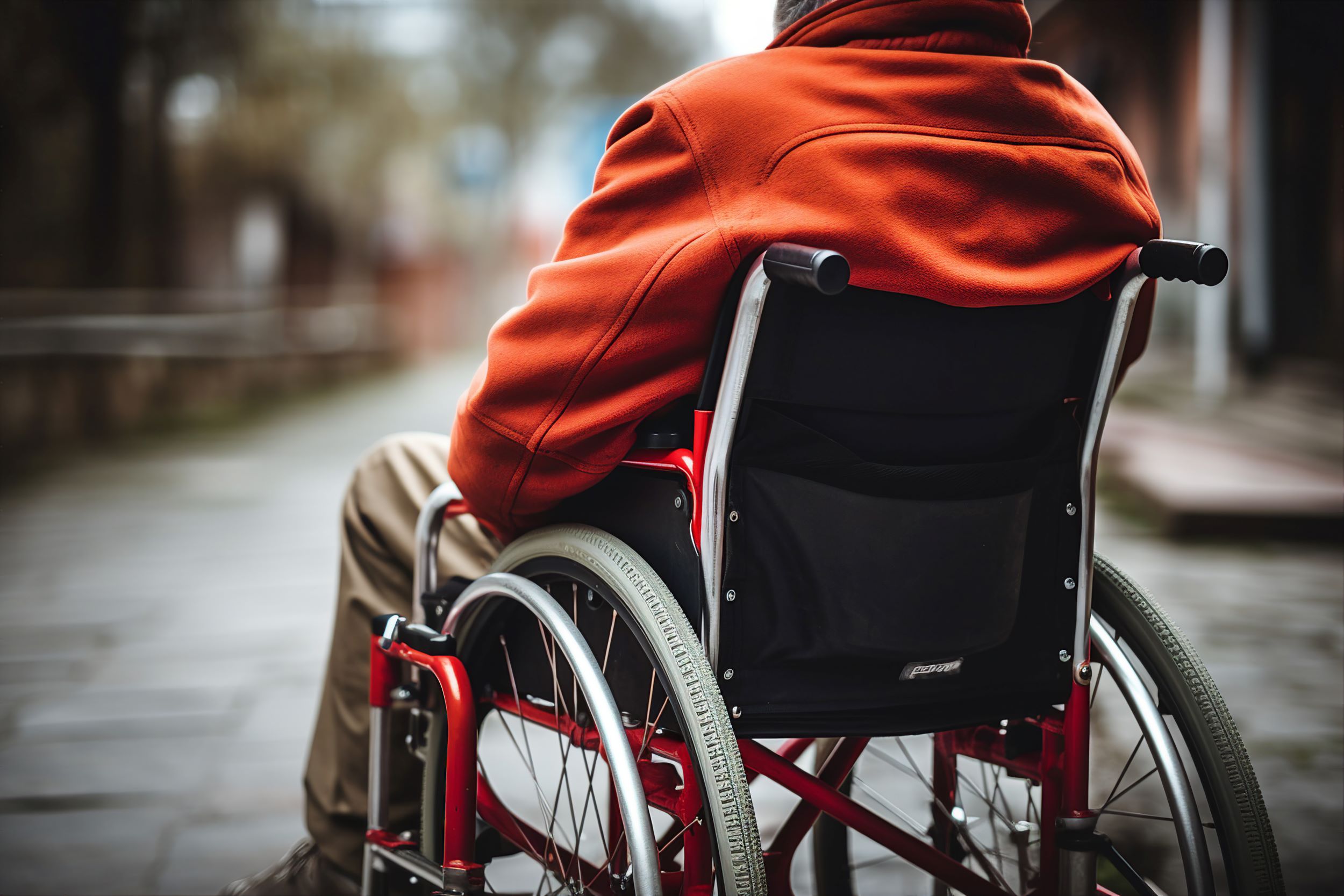 A man outside facing away from the camera in a wheelchair