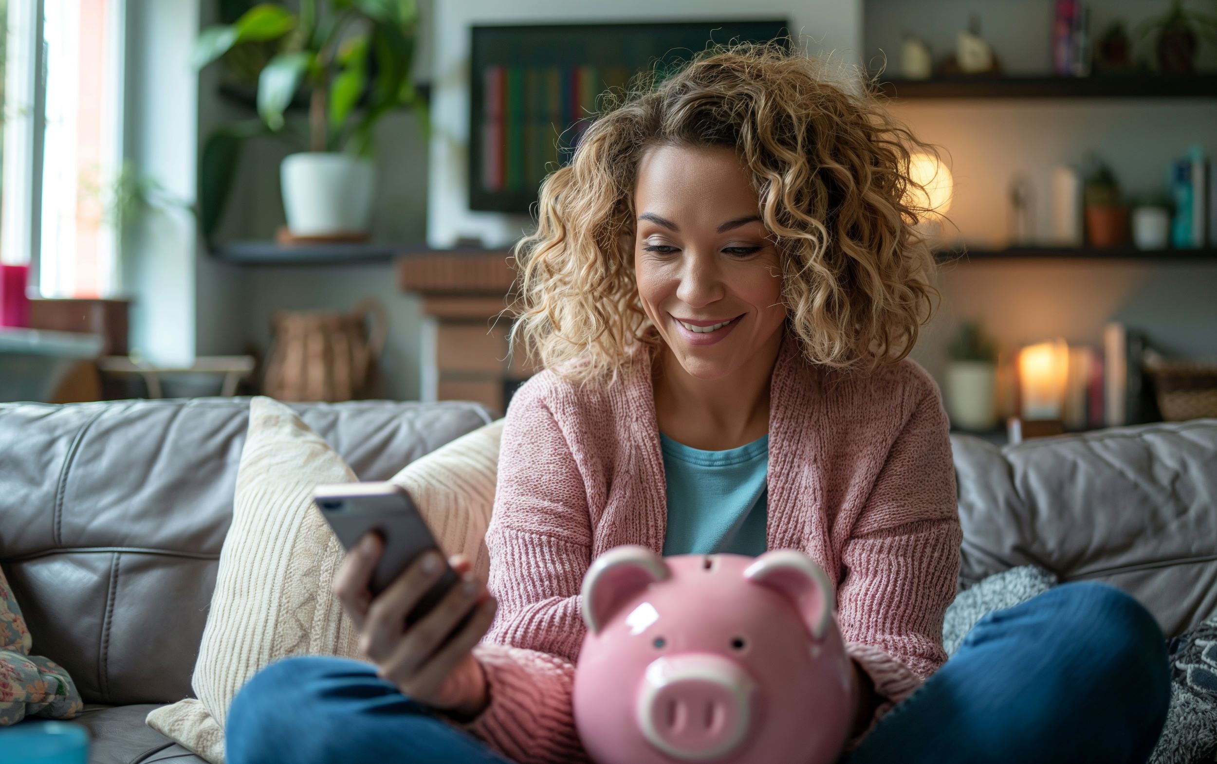 A woman using her mobile phone and holding her piggy bank