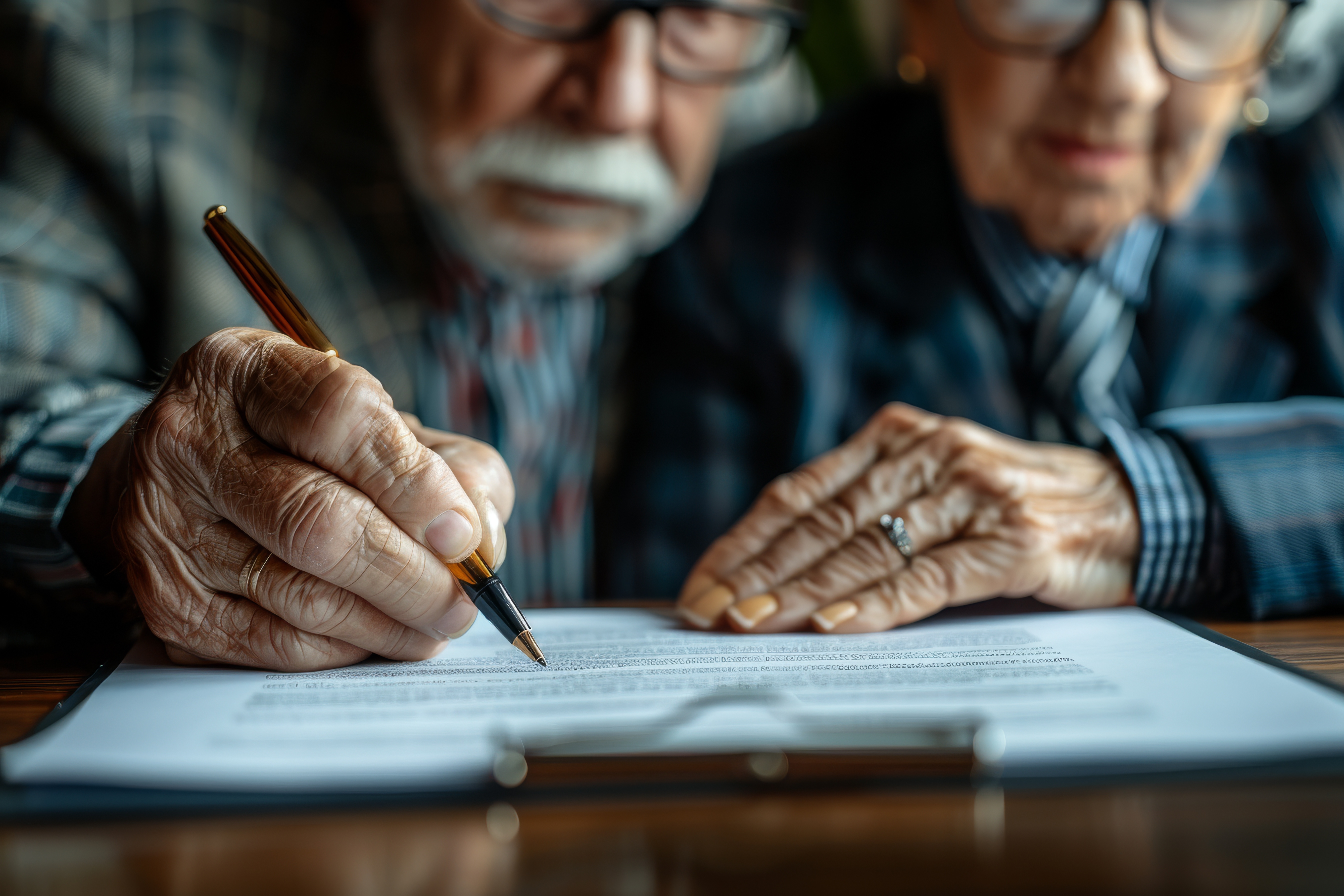 An older couple holding a pen and signing a document